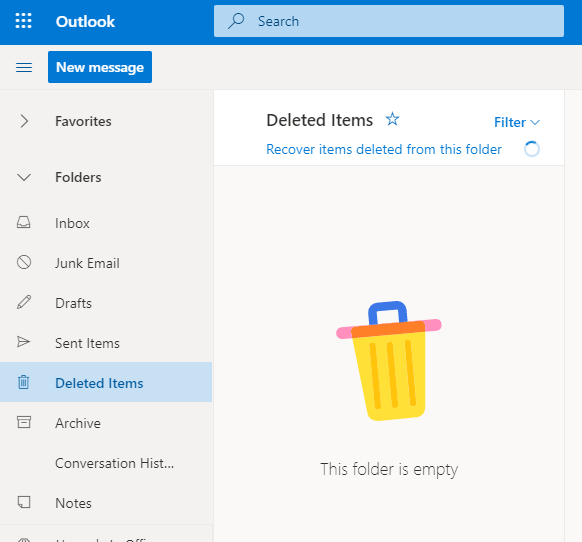 Папката „Изтрити елементи“ в уеб приложението на Outlook показва как да запазите отказани срещи в календара