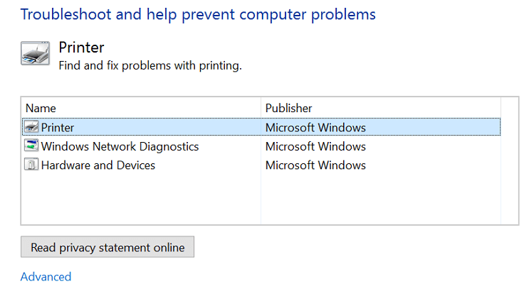 gebruik de probleemoplosser voor printers