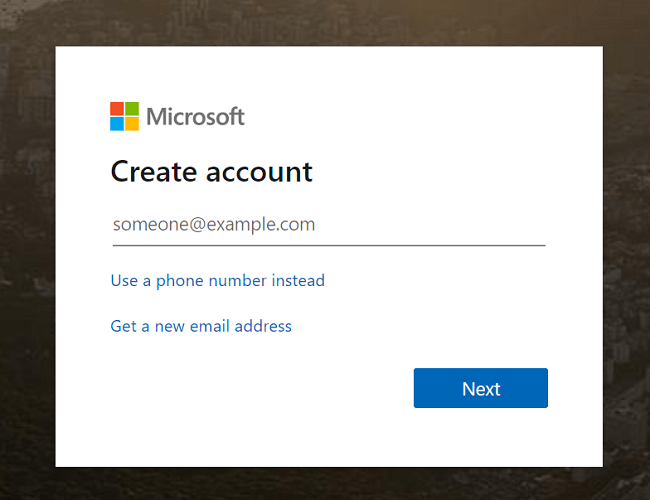 vytvoriť nový účet Microsoft