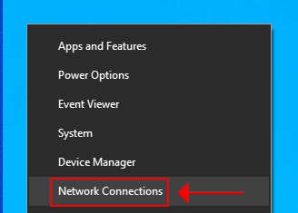otevřete síťová připojení z nabídky Start systému Windows 10