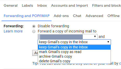 Параметры пересылки письма Gmail отправляются прямо в корзину