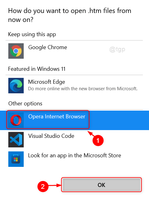 Postavite Opera kao Deault Browser za Htm datoteke Win11