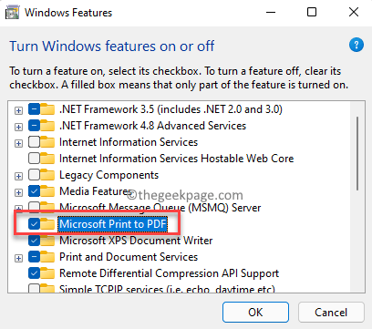 Windowsin ominaisuudet Ota Wndows-ominaisuudet käyttöön tai poista ne käytöstä Microsoft Print To PDF Check Min