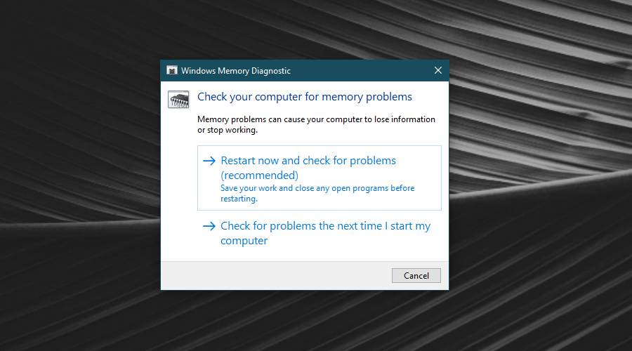 Opciones de diagnóstico de memoria de Windows