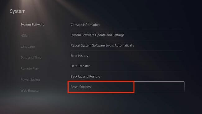 Selectând opțiunile de resetare în pagina de setări PS5