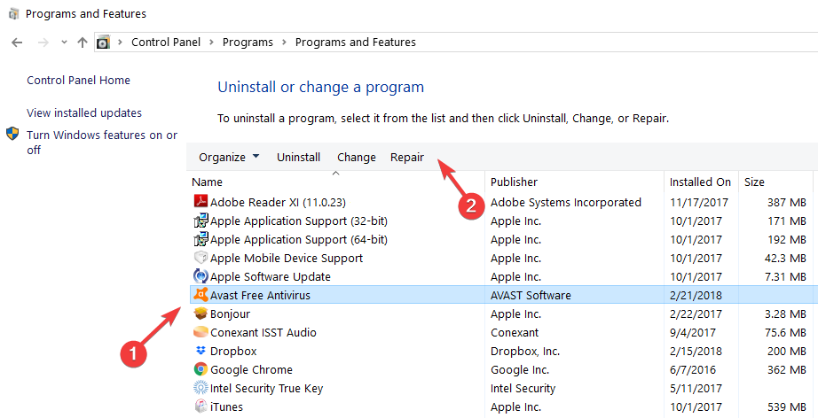 reparere avast windows 10