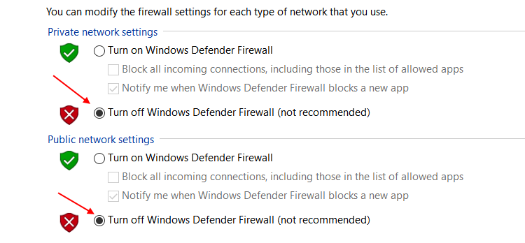 قم بإيقاف تشغيل جدار حماية Windows Defender