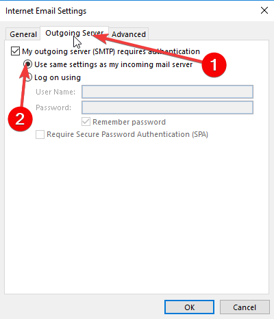Outlook Outgoing Mail Server (SMTP) ใช้การตั้งค่าเดียวกันกับเซิร์ฟเวอร์อีเมลขาเข้าของฉัน