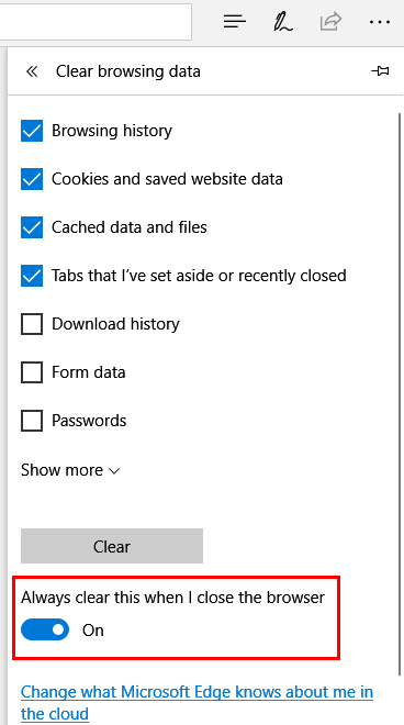 Microsoft Edge выберите, что очистить при закрытии браузера