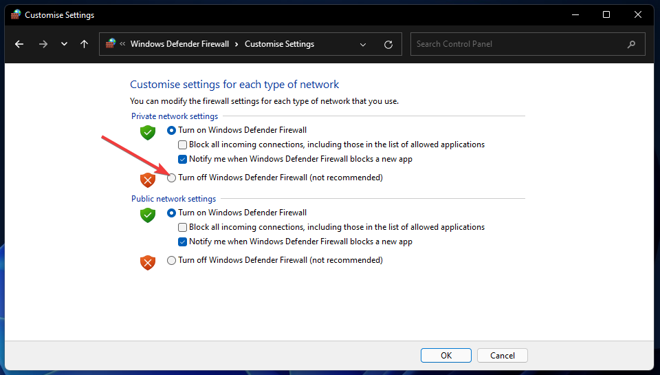 Windows Defenderi tulemüüri väljalülitamise valik Windows 11 mobiilne leviala ei tööta
