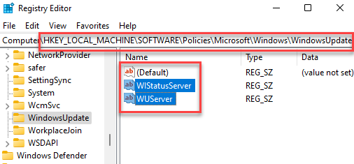 Registreringseditor Naviger til Windows Update Key Wuserver og Wistatusserver Slet