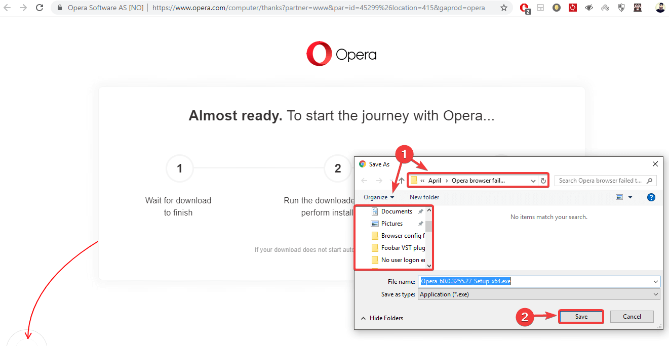 przeglądarka pobierania przeglądarki Opera nie udało się zainstalować