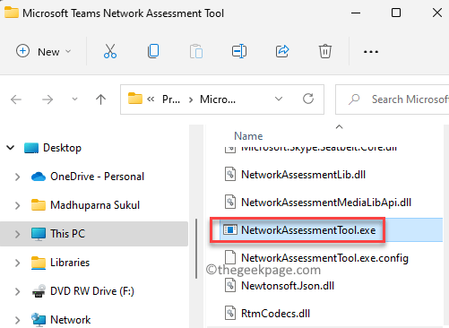 „File Explorer“ „Microsoft Teams“ tinklo vertinimo įrankio kelias Tinklo vertinimo įrankis.exe dukart spustelėkite min