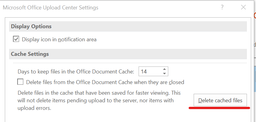 Microsofti üleslaadimiskeskus - vahemälu kustutamine Office'i dokumendi vahemälule juurdepääsemisel ilmnes viga 